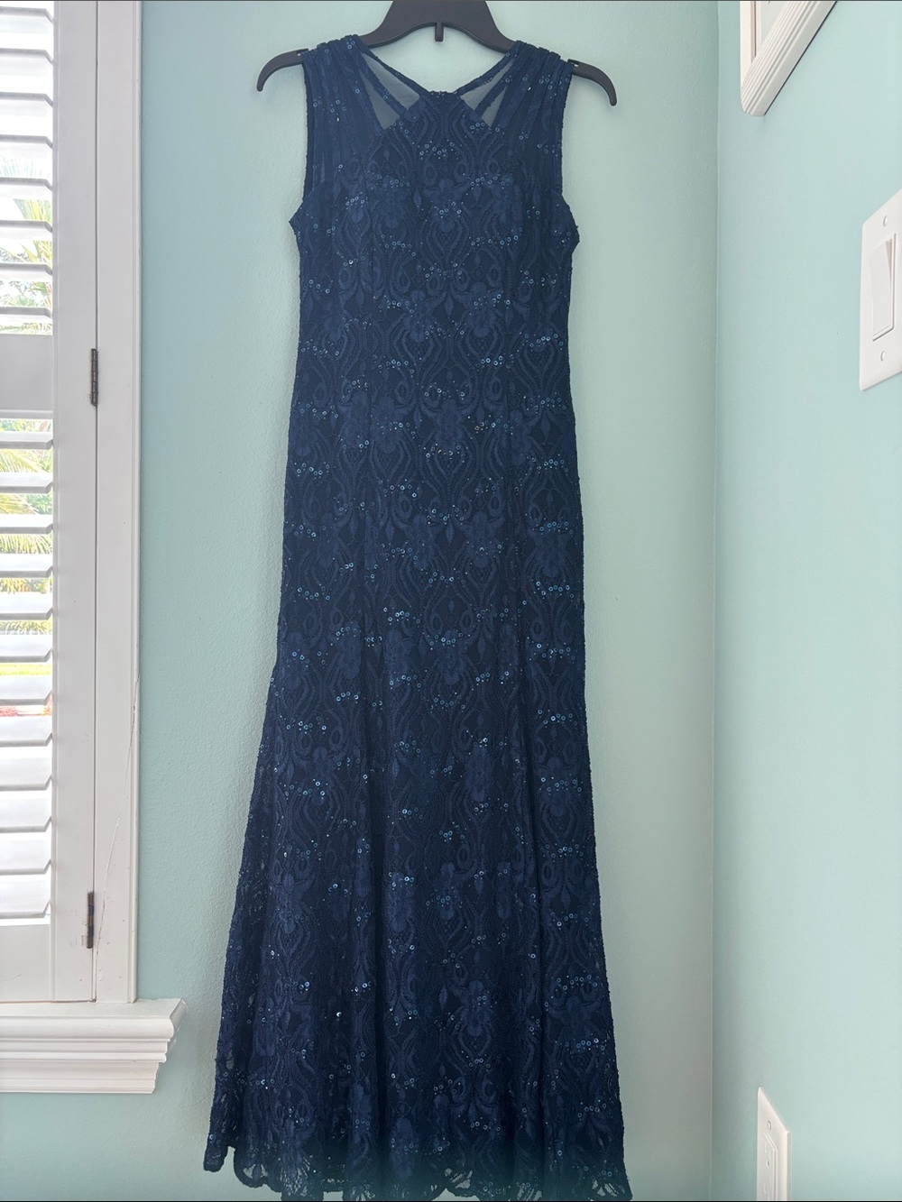 R&M Richards Navy Sequined Lace Maxi Dress 4P